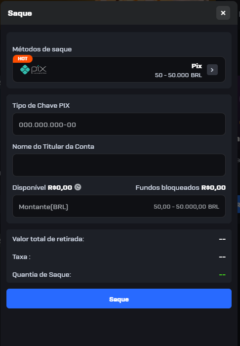 Imagem da aba de saque da plataforma Rico33 com opção de saque via PIX