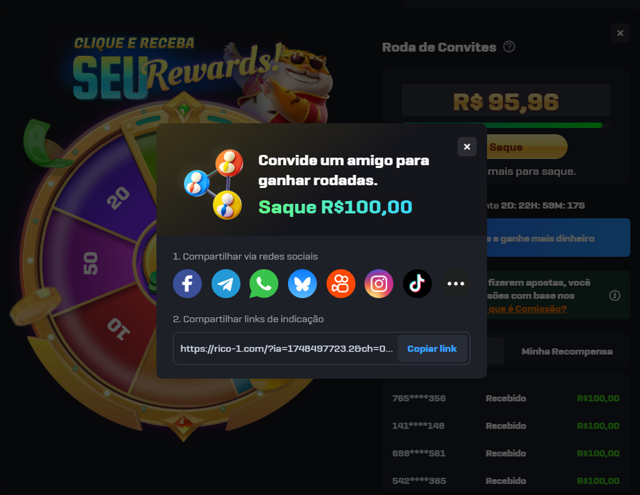 Imagem da roleta de bônus da Rico33 com a mecânica de convidar amigos para ganhar rodadas grátis e sacar R$100
