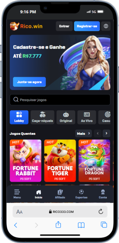 telefone exibindo a página inicial da plataforma rico333